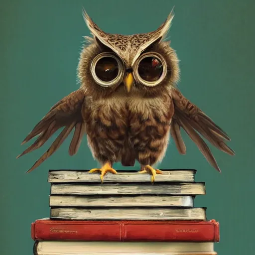 Image similar to long shot of a very cute young owl sitting on a pile of antique books, by esao andrews, by james jean, marc simonetti, humorous illustration, hyperrealistic, big depth of field, fresh colors, dim light, 3 d octane render conceptart, 4 k, hyperdetailed, trending on artstation