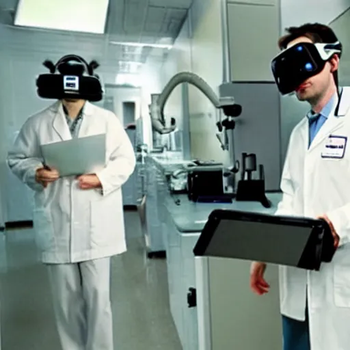 Image similar to a 2004 film still of a cat wearing a VR helmet, two people in lab coats standing behind the cat, one person has a clipboard, lab equipment in the background