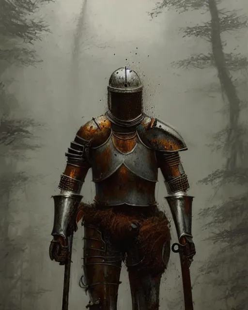 Image similar to Hyper realistic painting of a knight in full plate armor that has completely turned to rust, hyper detailed, surrounded by a dark forest, fog, moody, creepy, cinematic lighting, by greg rutkowski, trending on artstation