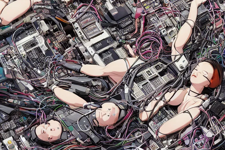 Image similar to a refined cyberpunk illustration of a group of female androids' lying on the floor with their body parts scattered around and cables and wires coming out, by katsuhiro otomo and masamune shirow, hyper-detailed, colorful, view from above, wide angle, close up, white background