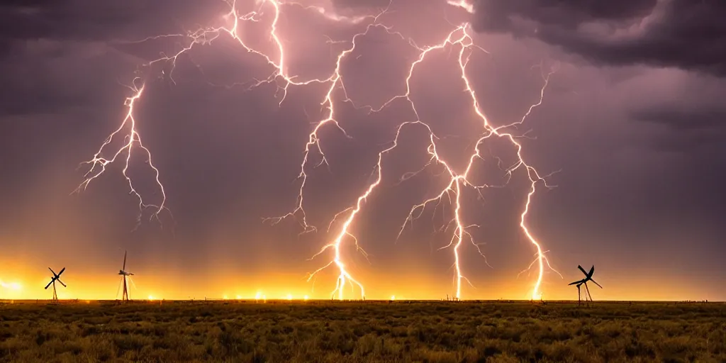 Image similar to photo of a stormy west texas sunset, perfect windmill, lightning, golden hour, high quality, beautiful!!!