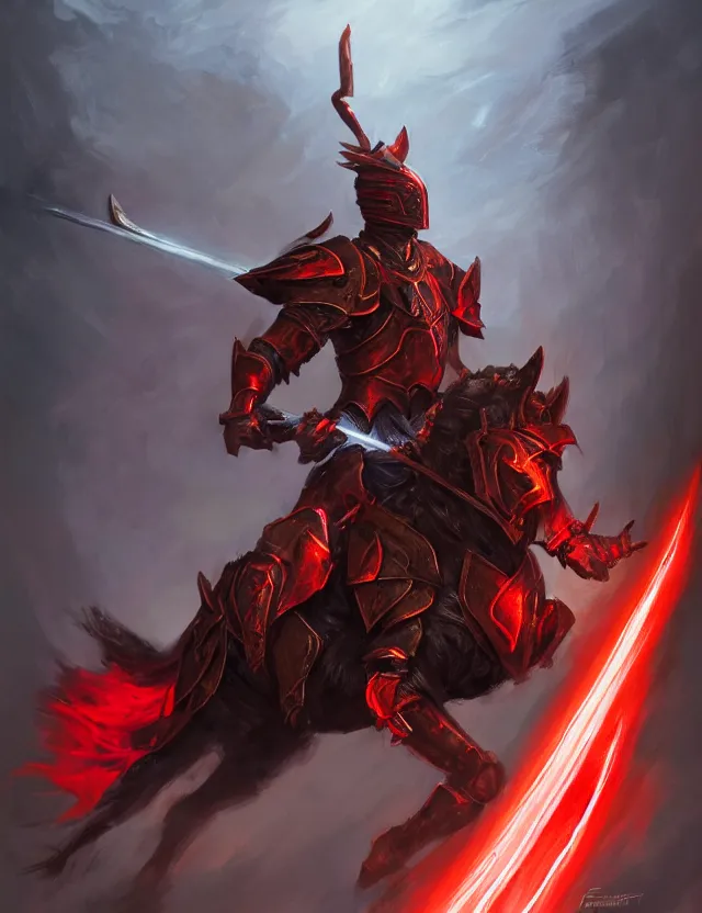 Prompt: a masked knight in crimson armour mounted on a spectral horse, holding a glowing red battle staff, by frank fazetta and peter mohrbacher, trending on artstation, digital art, 4 k resolution, detailed, high quality, sharp focus, hq artwork, coherent, insane detail, concept art, character concept, character full body portrait