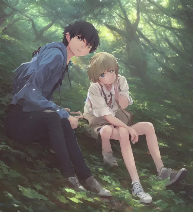 Image similar to a close up of a boy and a girl sitting together in a forest. cute anime eyes. by makoto shinkai, stanley artgerm lau, wlop, rossdraws, james jean, andrei riabovitchev, marc simonetti, krenz cushart, sakimichan, trending on artstation, digital art.