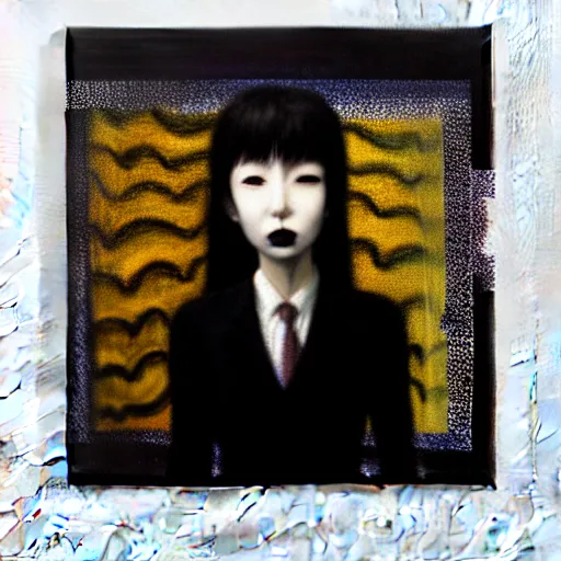 Image similar to yoshitaka amano blurred and dreamy minimalistic oil portrait of a young woman with black lipstick and black eyes wearing dress suit with tie, junji ito abstract patterns in the background, satoshi kon anime, noisy film grain effect, highly detailed, renaissance oil painting, wide brush strokes, weird portrait angle, blurred lost edges