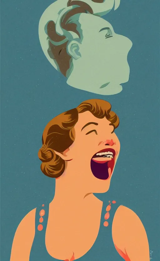 Prompt: illustration with a woman laughing out loud, standup, comedy, joke, an art deco painting by tom whalen, funny meme photo, trending on behance, art deco, digital illustration, storybook illustration, grainy texture, flat shading, vector art, airbrush, pastel, watercolor, poster