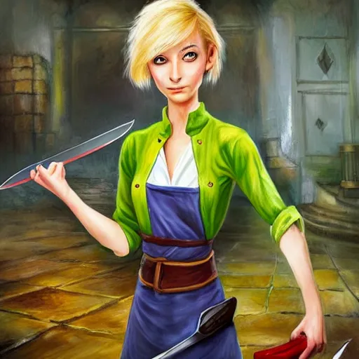 Prompt: Hard-eyed elf woman with short blonde hair wearing a kitchen maid's uniform and holding a chef's knife, standing in the rain, Dungeons and Dragons, character portrait, hyper realism, colorful