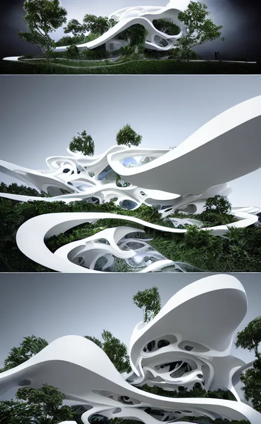 Prompt: villa parametric architecture fluid design, rhizomorph structure, vincent callebaut well - defined style, ultra detailed, monochromatic, natural lighting, volumetric lighting, generative art nebula, cinematic, photo realistic, hyper real, surreal design, flow everywhere, walls made of crystal clear water, droplets on the walls, black metal, magnesium, 8 k,