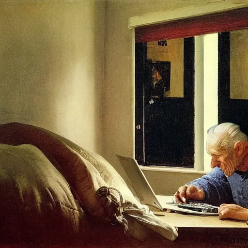 Image similar to weeping desperate grandpa trying to figure out how to order an online pizza sitting in his small room glaring at his lenovo thinkpad laptop t 4 1 0 8 gb ram norman rockwell leonardo da vinci giotto jamie wyeth greg rutkowski winslow homer thomas eakins lucian freud edward hopper j. m. w. turner oil painting