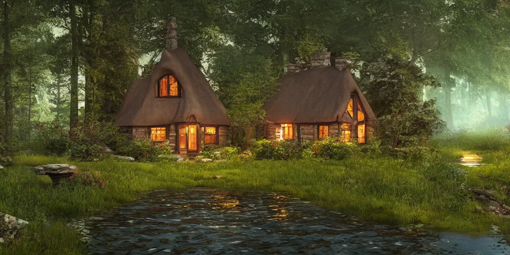 Prompt: a cottage in the woods and pond in the woods, 8k, fantasy, hyper realistic, dramatic lighting