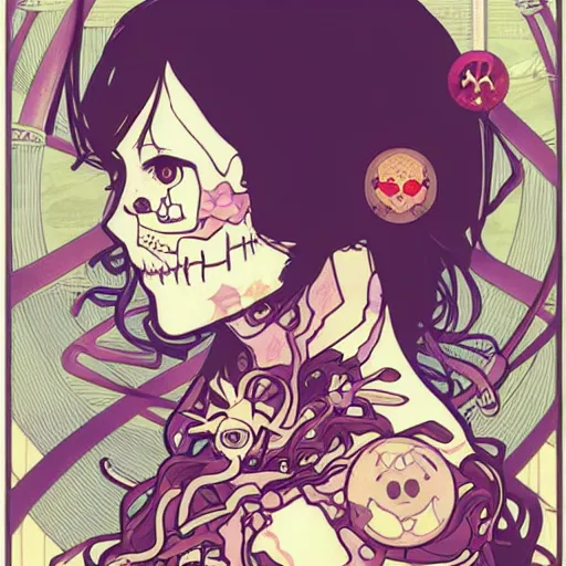 Image similar to anime manga skull portrait astronaut woman comic skeleton illustration James Jean style by Alphonse Mucha pop art nouveau