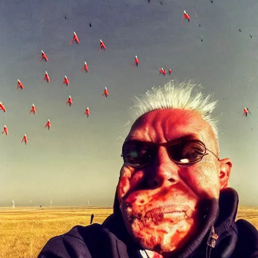 Prompt: last selfie of last alive funny scared ukrainian very damaged body to bones, bleeding running from nuclear rockets and nuclear explossions, big nuclear explosion at background, and nuke missles fly right in lens,