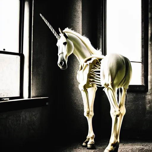 Prompt: a photograph of a unicorn horse skeleton standing next to an open window, dramatic lighting, cinematic