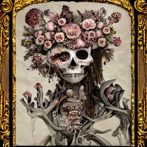 Image similar to a beautiful detailed front view baroque portrait of a rotten woman corpse with fractal plants and fractal flowers and mushrooms growing around, intricate, ornate, bones, volumetric light, beautiful lit, polaroid photography
