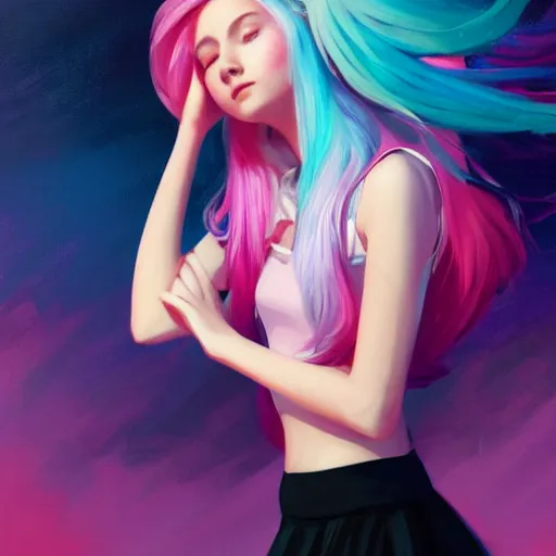 Prompt: colorful and festive captivating teenager girl with pink hair, cyan top crop, black skirt, black leggings, cute look. rich vivid colors, ambient lighting, dynamic lighting, 4 k, atmospheric lighting, painted, intricate, highly detailed by charlie bowater