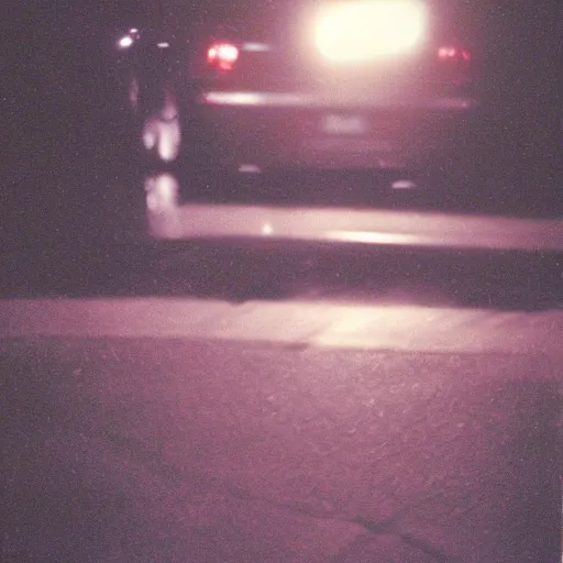 Image similar to terrifying creature on a suburban street at night, grainy color photograph 35mm