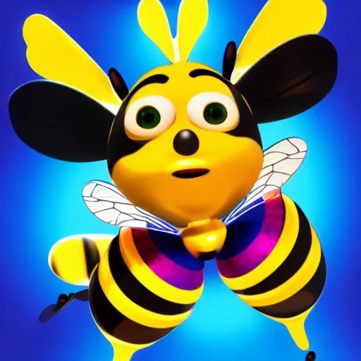 Prompt: a disney cartoon of a bee from Pixar with eyes that reflect a blue electric guitar, a background of orange hexagons filled with colored lights