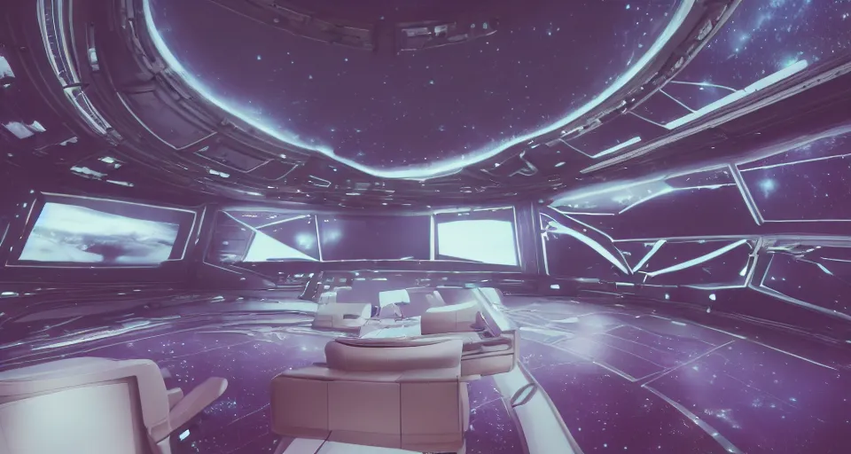 Image similar to Film still of the bridge of a space ship, stars and nebula outside, huge viewscreen at front, control panels, dark walnut wood effect, pot plants, organic, white leather, high end interior, soft warm light, purple highlights, simple ceiling, soft edges, calm feeling, Cinestill colour cinematography, anamorphic, detailed, 4k, 8k, intricate, digital art, matte painting