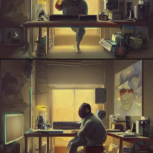 Image similar to an insanely detailed painting of a chubby asian man wearing a homemade superhero costumed, sitting at a computer desk typing on the keyboard, in the style of peter mohrbacher, dramatic lighting and composition, trending on artstation, concept art, comic book, graphic novel