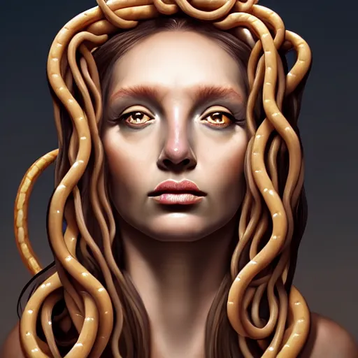 Image similar to portrait of medusa with long thin sausages instead of snakes, sausage hair, photorealistic, illustration, intricate details, masterpiece, digital art, trending on artstation