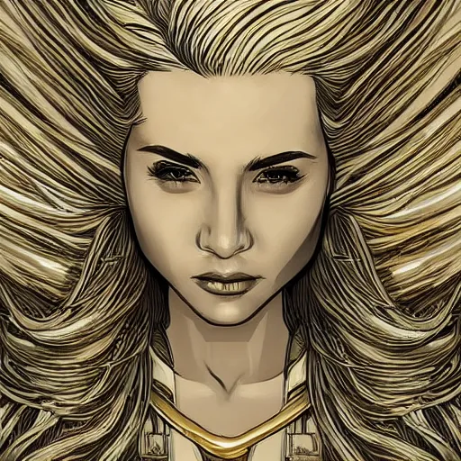 Image similar to gold and silver tones, star wars warrior princess, style of moebius, james jean, mcbess, long glowing ethereal hair, cinematic, highly detailed, award winning, 8 k photorealistic