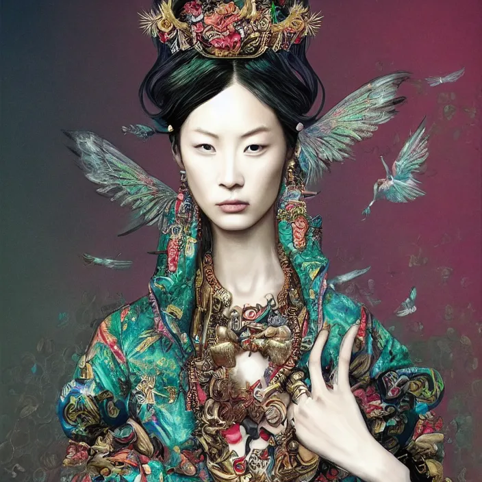 Prompt: chinese gucci goddess nerd, future fashion, stylish deity, model, volumetric, concept art, gucci, digital painting, beautiful, ornate, hd, by annie leibovitz, by giger