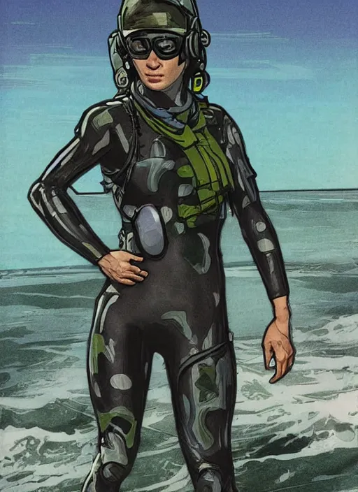 Prompt: Andrea. USN blackops operator emerging from water at the shoreline. Operator wearing Futuristic wetsuit and looking at an abandoned shipyard. Frogtrooper. rb6s, MGS, and splinter cell Concept art by James Gurney, Alphonso Mucha. Vivid color scheme.
