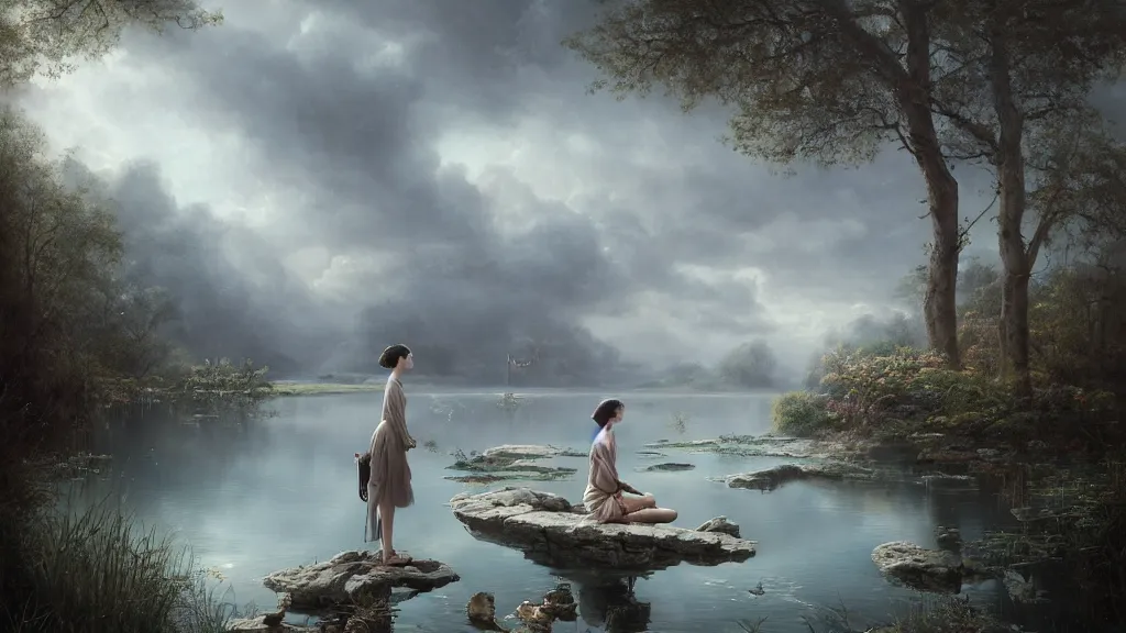 Prompt: a ultradetailed beautiful matte painting of a peaceful pond with a clear water and a magical wind blowing gently, landscape, high resolution 4 k, by tom bagshaw, greg rutkowski, charli bowater and artgeem