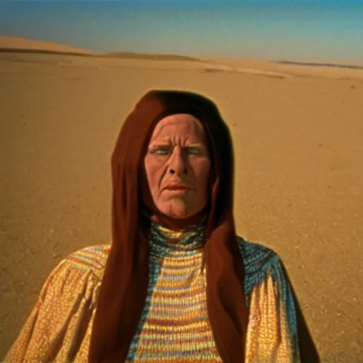 Prompt: middle aged woman with an inflatable head, in the desert 1972 Jodorowsky film, archival footage, technicolor film expired film live-action, 16mm