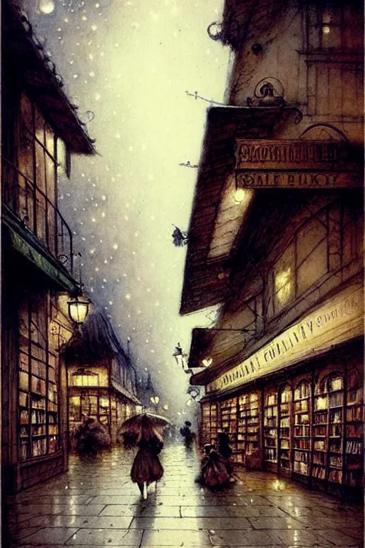 Image similar to (((((1950s bookshop in a fairy tale city at night . muted colors.))))) by Jean-Baptiste Monge !!!!!!!!!!!!!!!!!!!!!!!!!!!