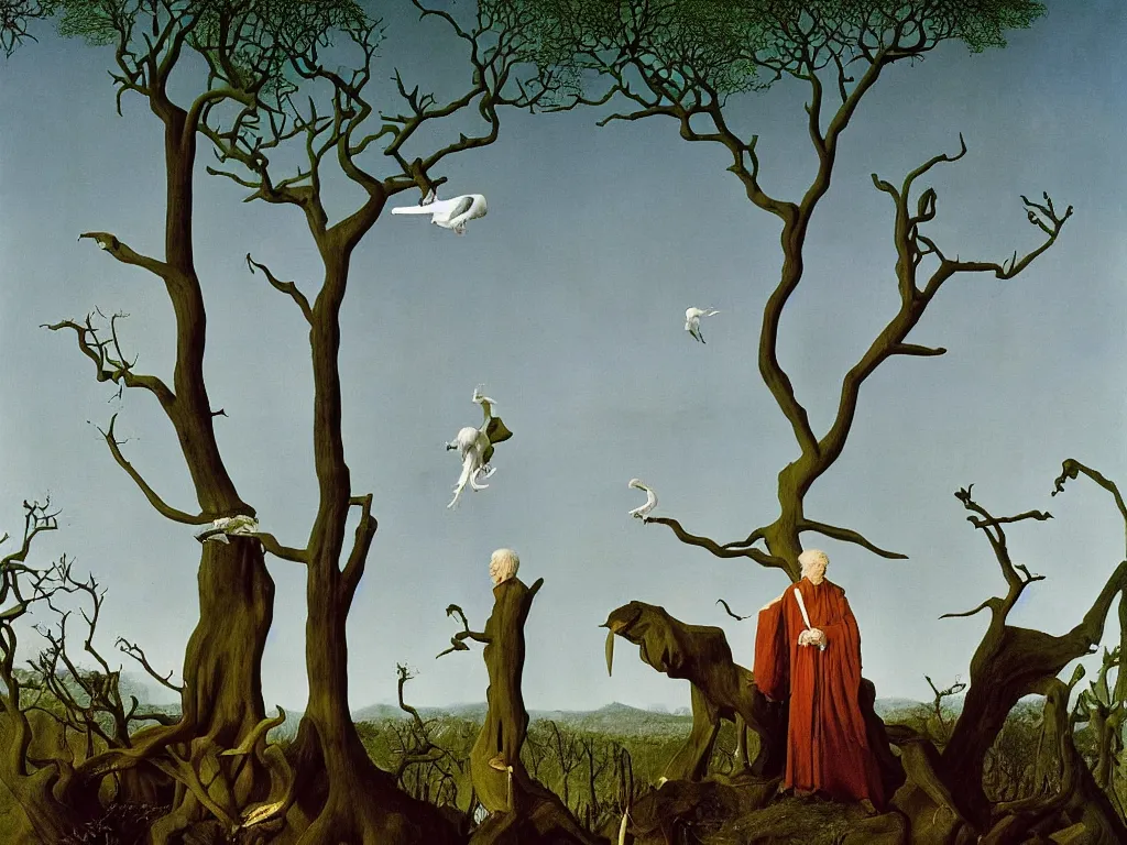 Image similar to albino mystic, with his back turned, looking at a dinosaur over the forest in the distance. Painting by Jan van Eyck, Audubon, Rene Magritte, Agnes Pelton, Max Ernst, Walton Ford