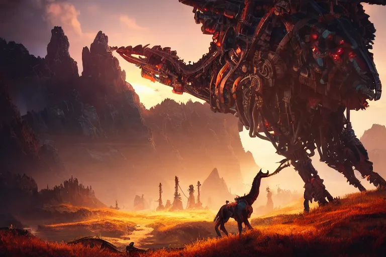 Image similar to grimhorn fanghorn machine mecanical creature robot of horizon forbidden west horizon zero dawn bioluminiscence global illumination ray tracing hdr fanart arstation by ian pesty and alena aenami artworks in 4 k