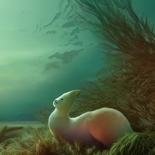 Image similar to Prince in pastel!!!, A seal sleeping peacefully in a kelp forest, cinematic, hyper realistic, detailed, 8k, octane render.