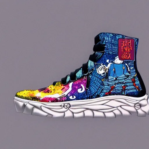 Image similar to Ultra detailed sneakers designed by Hayao Miyazaki, superresolution, HDR, futuristic sneakers