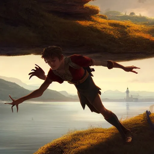 Image similar to Tom Holland as peter pan,looking iver the horizon,river in front of him,detailed, 8k hd,by rossdraws and greg rutkowski,