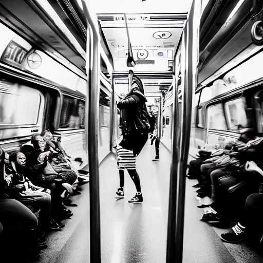 Image similar to of an octopus invading a interior of a subway train in new york, people are running away scared, shutter speed is 8 0,