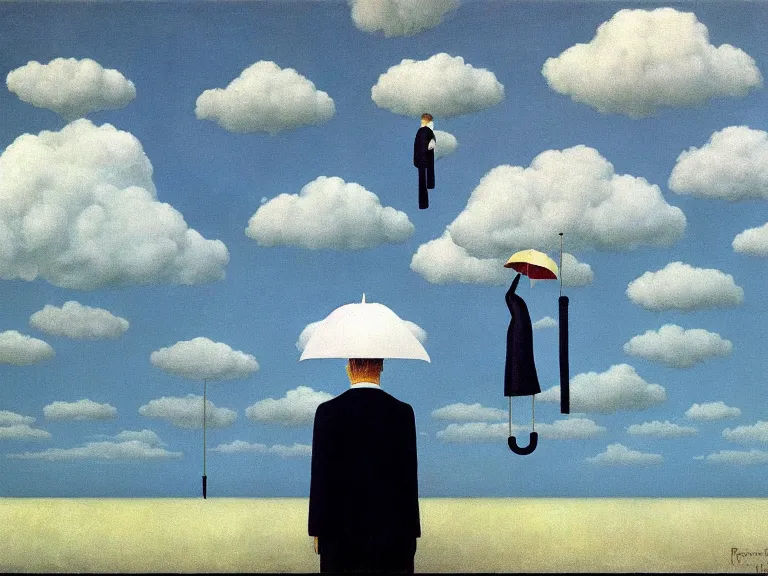 Image similar to umbrella with cloud color, painting by rene magritte, centered, high detail, high resolution