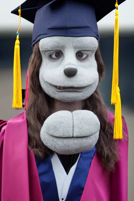 Image similar to a portrait photo of a detailed animatronic human wearing a oxford graduation hat. nikon z 9. 5 0 mm, f / 1. 8 photography. portrait photography. ultra hd, 8 k, graduation photo, sharp