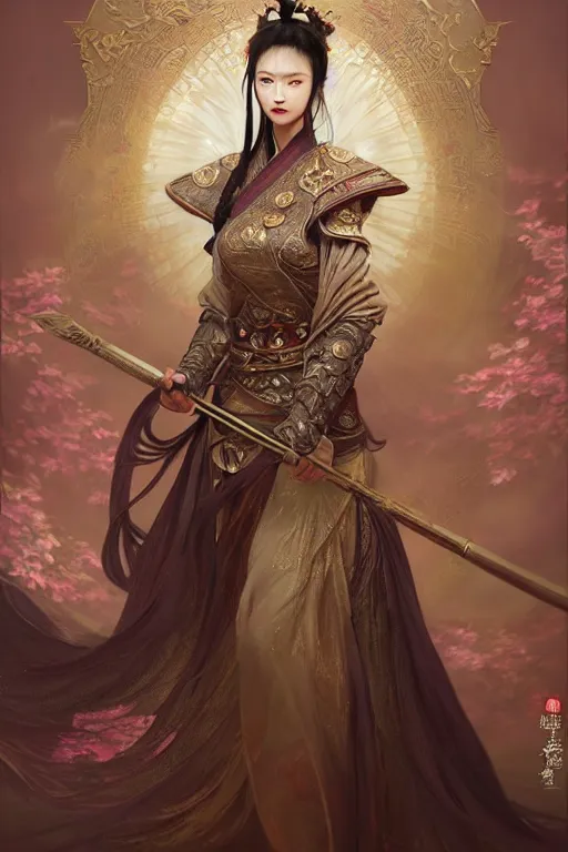 Image similar to beautiful ancient fantasy portrait of wuxia heroine like tzuyz twice, n forbidden City, hybrid from Dynasty Warriror, flowers sea rainning everywhere, intricate, very very beautiful, elegant, highly detailed, digital painting, beautiful glowing galaxy eyes, artstation, fantasy concept art, smooth, sharp focus, illustration, art by tian zi and alphonse mucha and WLOP