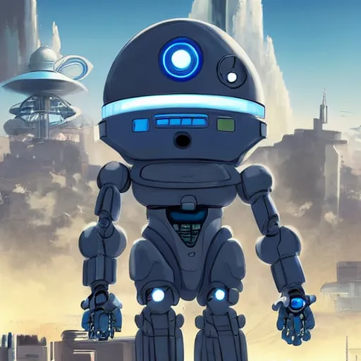 Image similar to friendly robot with a glowing blue heart in front of a clean white sci-fi dome in a pleasant urban setting, peaceful, majestic, a sense of hope, in style of apex legends, art station, ultra hd, soft light, overhead sun, ultra hd, art station