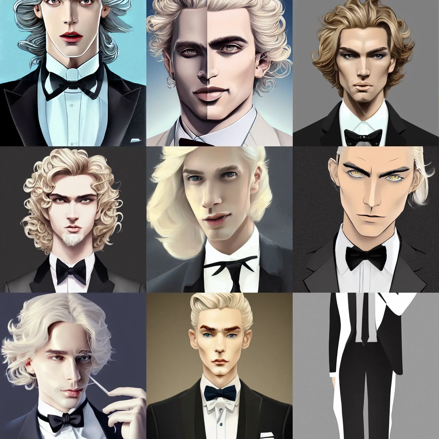 Prompt: beautiful slim cruel androgynous male businessman in tuxedo with pale blond curly long hair, long fluffy blond curls of hair, porcelain pale skin, elegant, 2d, ultra highly detailed, digital painting, smooth, sharp focus, artstation, trending on artstation, art by Ilya Kuvshinov