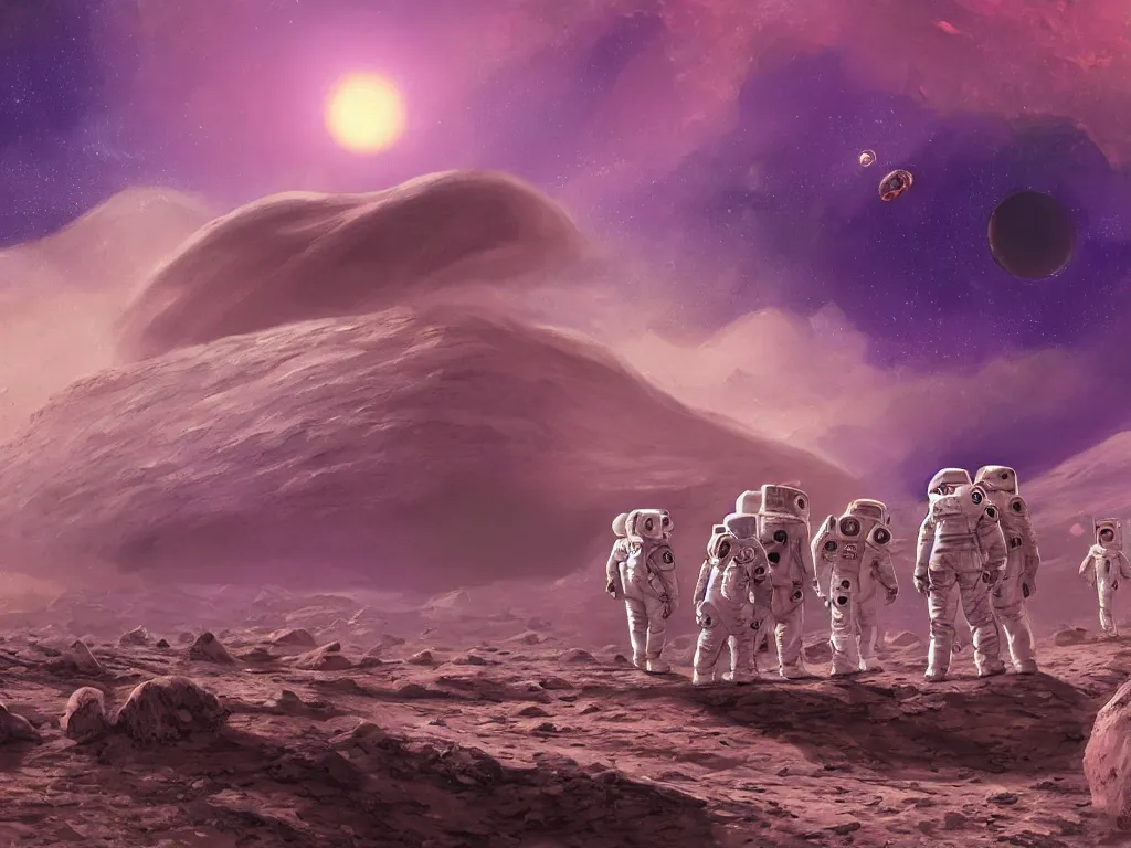 Image similar to a team of overweight space cadets with emo haircuts and intricate purple and black space suits standing awkwardly on the rocky surface of mars, watching a burning spacecraft in the background, sunset, sand storm approaching, highly detailed, digital painting, artstation, concept art, smooth, sharp focus, illustration