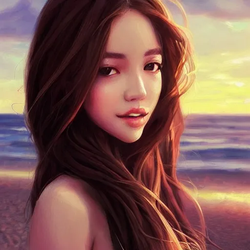 Image similar to portrait of beautiful woman on the beach, brown eyes!!!!!!!!!!, sunset, highly detailed!!!!!!!!, bokeh!!!!!!!, trending on art station, digital painting by wlop!!!!!!!!!, rossdraws, artgerm.