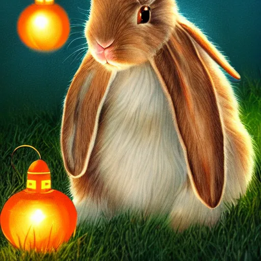 Image similar to cute fluffy tan lop eared bunny rabbit sitting by water with chinese lanterns and fireworks detailed painting 4k