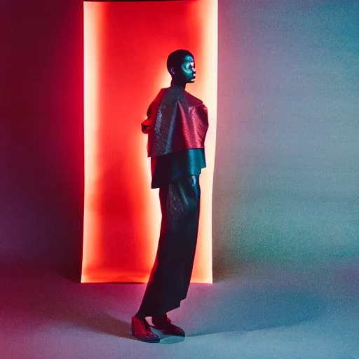 Prompt: realistic photoshooting for a new issey miyake lookbook, color film photography, portrait of a beautiful woman, model is wearing techtical vest, image shot in the dark red direct lightning, photo in style of tyler mitchell, 3 5 mm,