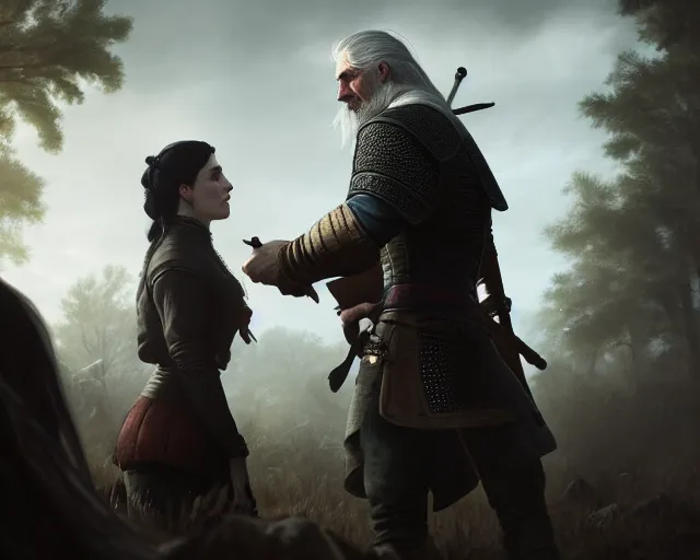 Image similar to 5 5 mm portrait photo of geralt arguing with yennefer. magical atmosphere. art by greg rutkowski. highly detailed 8 k. intricate. lifelike. soft light. nikon d 8 5 0.