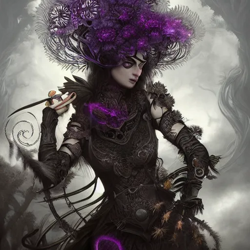 Image similar to tom bagshaw, soft painting fractal curiosities carnival, very beautiful female tigress in full nightshade gothic armor, accurate features, focus, very intricate ultrafine details, black white purple volumetric clouds, award winning masterpiece, octane render 8 k hd