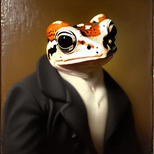 Prompt: a head - and - shoulders portrait of an amazon milk frog wearing a black buttoned jacket with a tan vest looking off camera, an american romanticism painting, a portrait painting, cgsociety, soft focus, oil on canvas