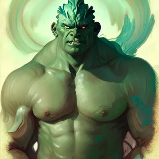 Image similar to muscular orc, D&D character art, portrait, digital painting, handsome, concept art, intricate, mogul khan, Peter Mohrbacher, Alphonse Mucha, Brian Froud, Yoshitaka Amano, Kim Keever, Victo Ngai, James Jean