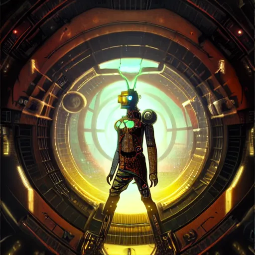 Image similar to a dogon cyberpunk hacker, steampunk stargate by greg rutkowski and android jones in a surreal portrait style, oil on canvas, ancient cyberpunk 8k resolution