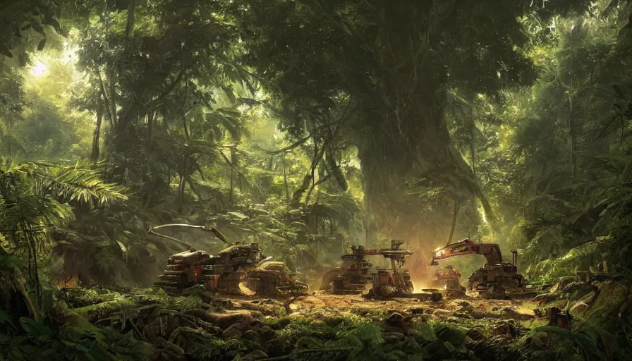 Prompt: a beautiful painting of an archaeological excavation of the battlestar galactica in a lush jungle, ray traced lighting by kalin popov and greg rutkowski